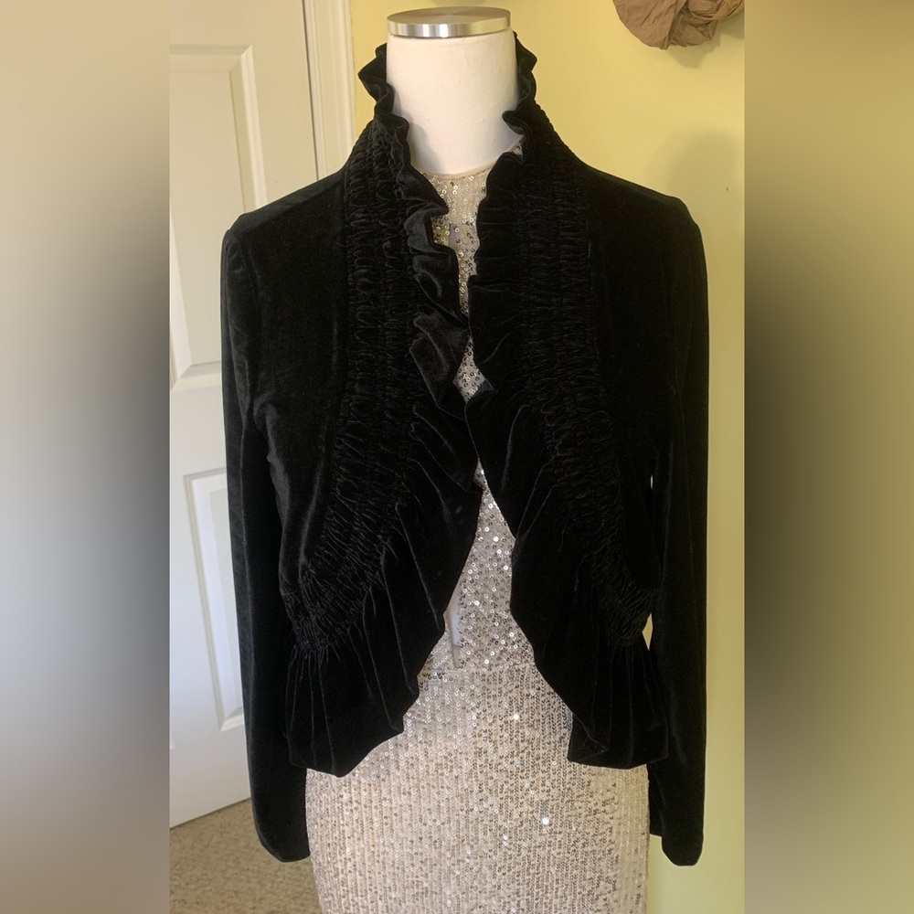 Vintage 90s Black Velour Jacket by Sunny Leigh L (Jrs) Open Jacket Fancy Holiday